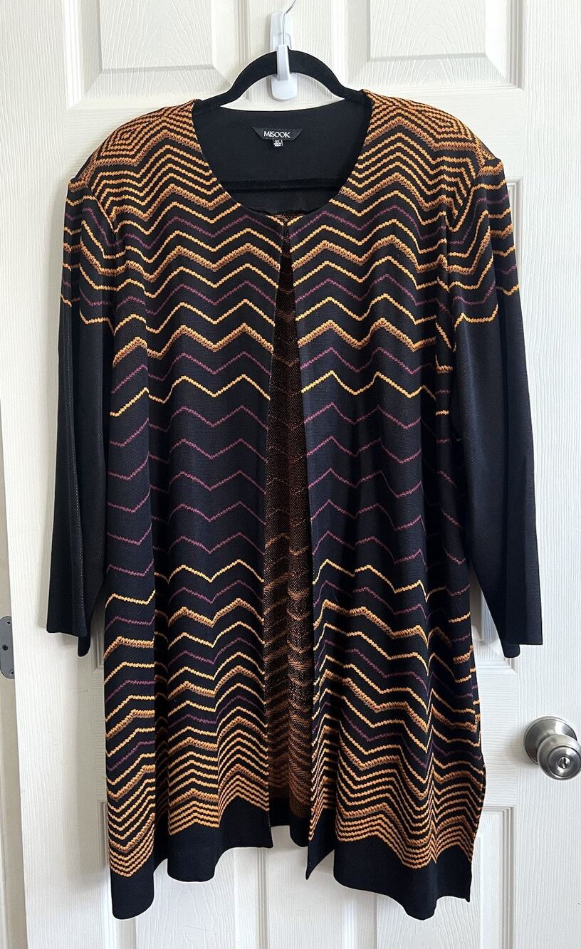 MISOOK Black Orange Magenta Chevron Knit Long Open Front Cardigan Sz 3X